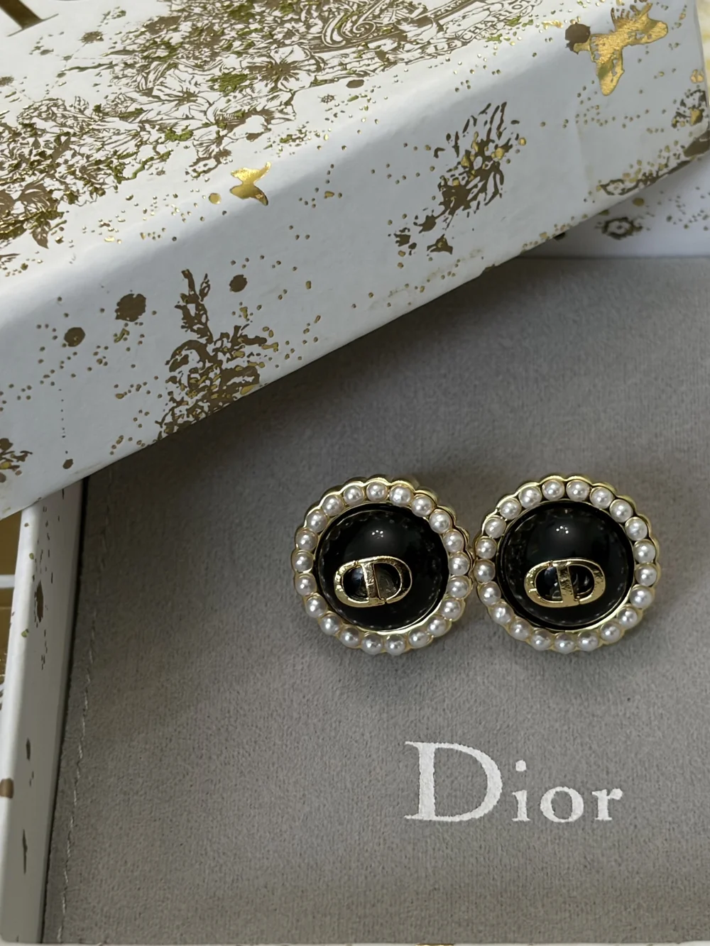 Dior Black Pearl-Trim CD Earrings